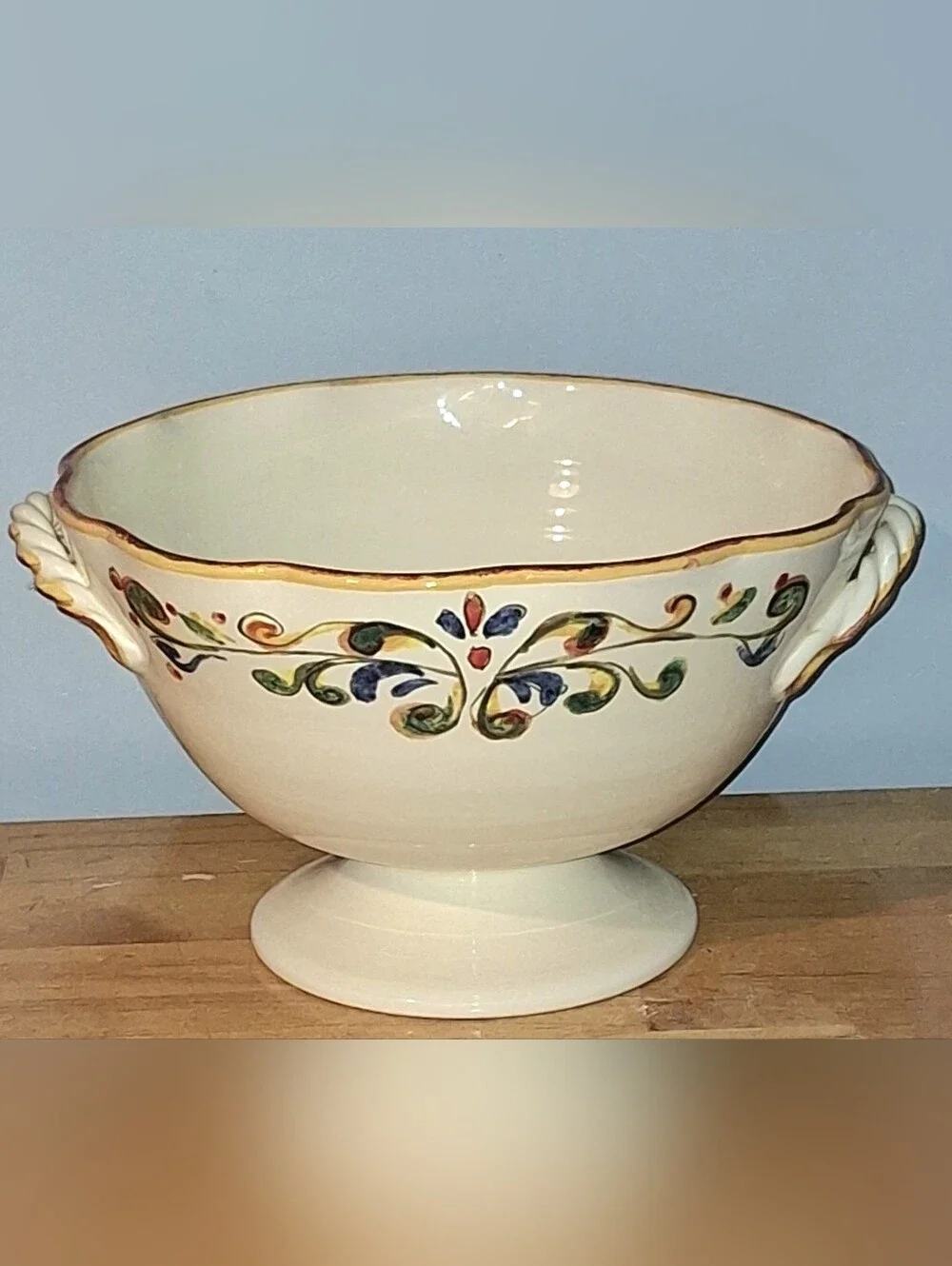 Sur La Table Cream Ceramic Pedestal Bowl with Multicolor Floral Trim